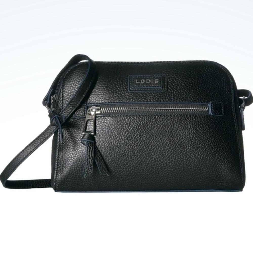 LODIS Black Pebbled Leather Charlotte Crossbody Bag with Blue Trim